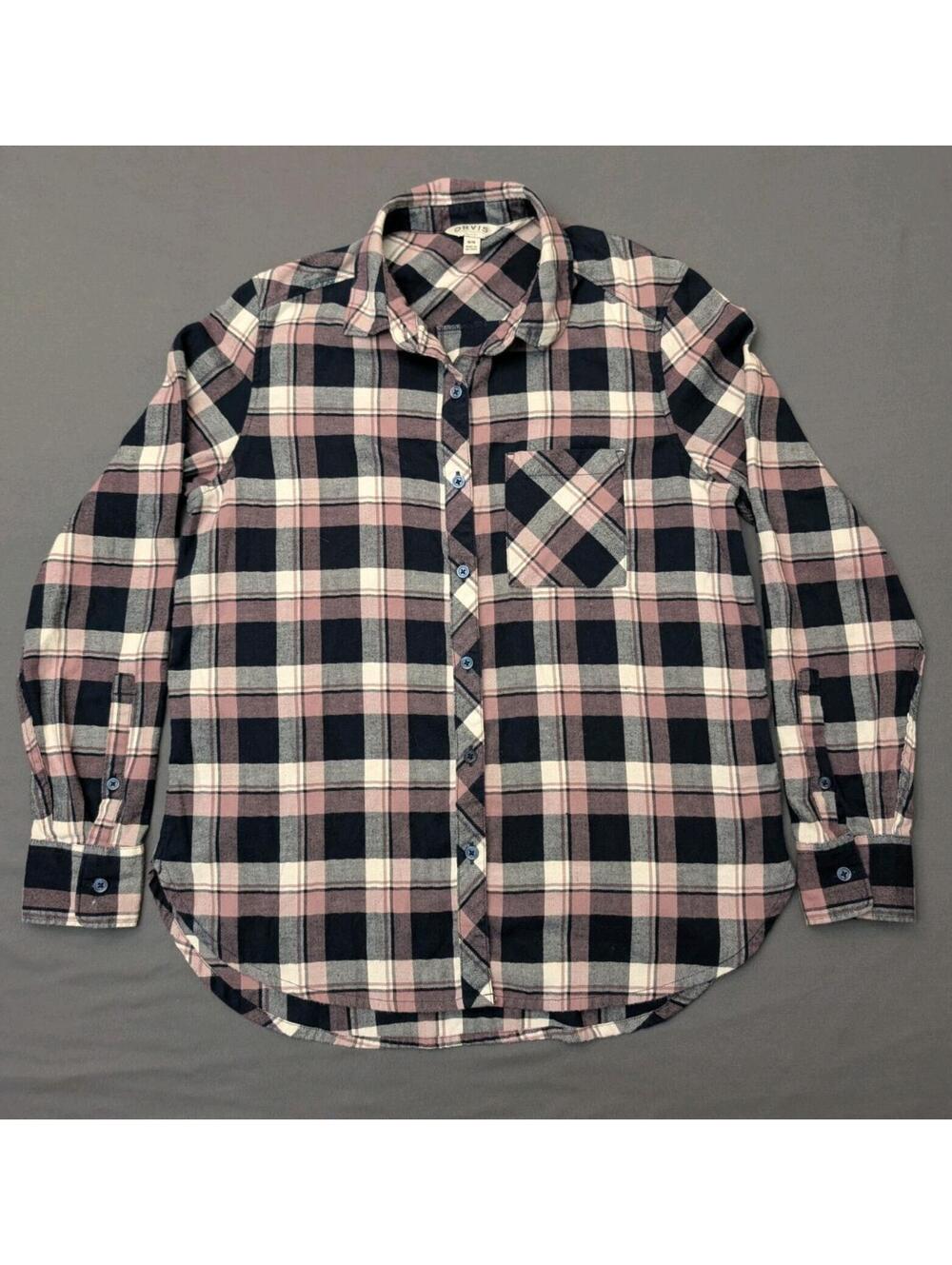 Orvis Womens Medium Plaid Button Front Shirt Pink Blue Stretch Flannel M